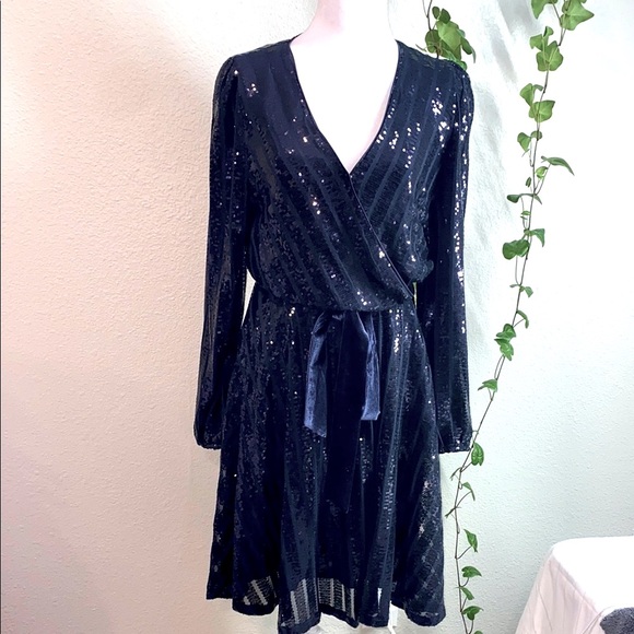 Nanette Lepore Blue Sequin Wrap Dress with Bishop Sleeves, New Size 14 - Picture 2 of 13